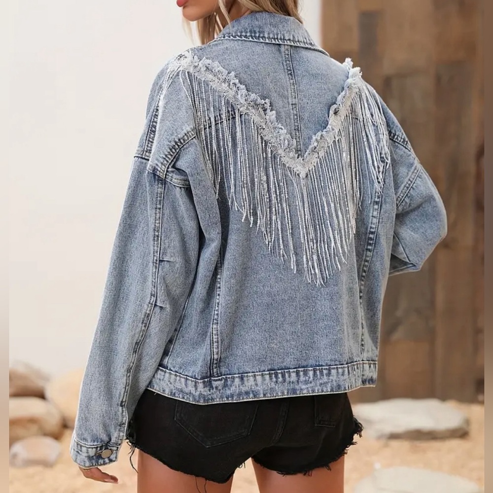 Light Blue Tassel Sequins Denim Jacket